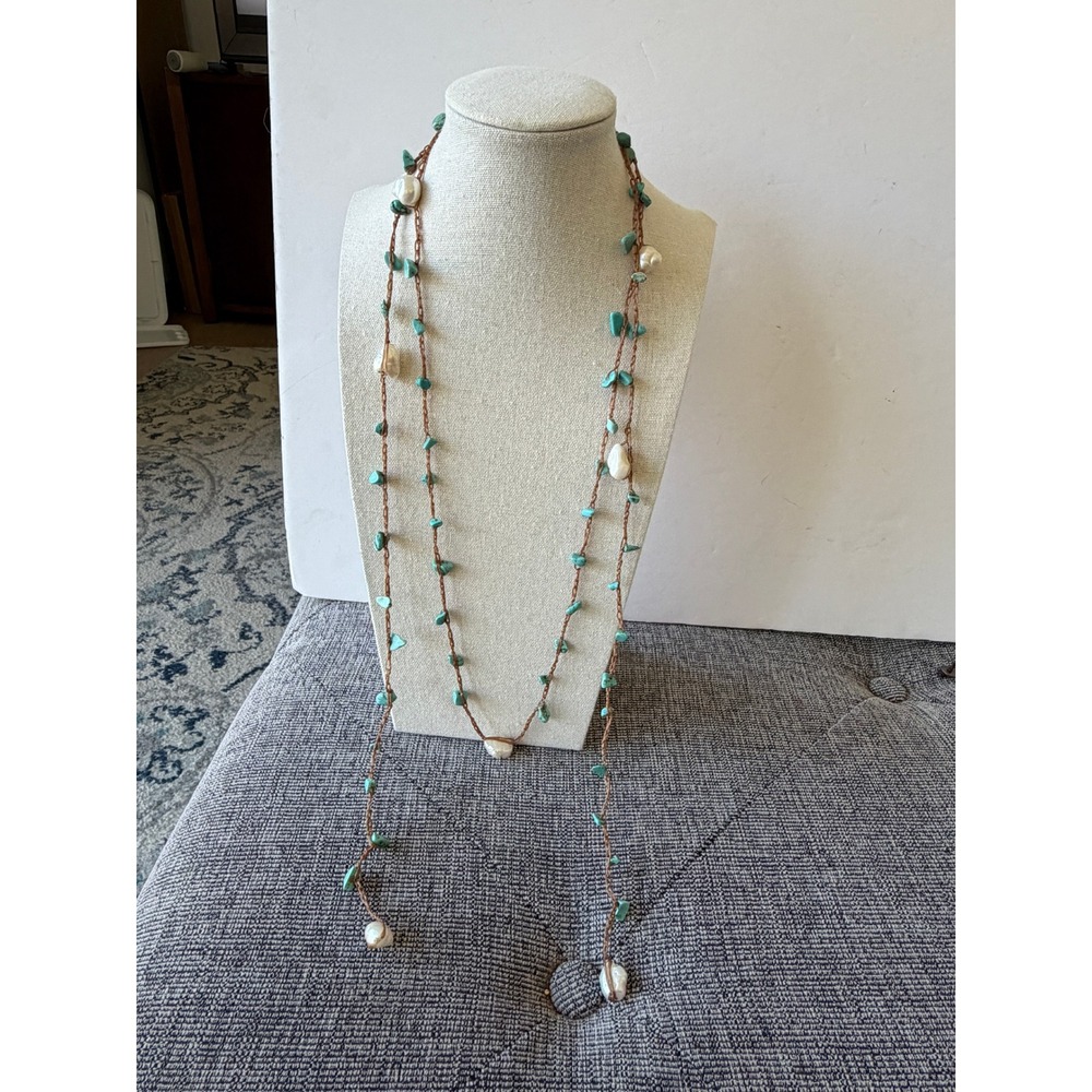 Turquoise Chip and Baroque Pearl Long Lariat Cord Necklace Boho Layering 68"